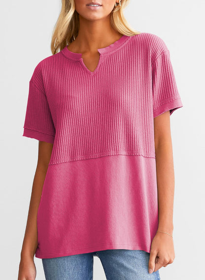 Hot Sale-Women's Casual V Neck Waffle Knit Tops Short Sleeve T Shirts