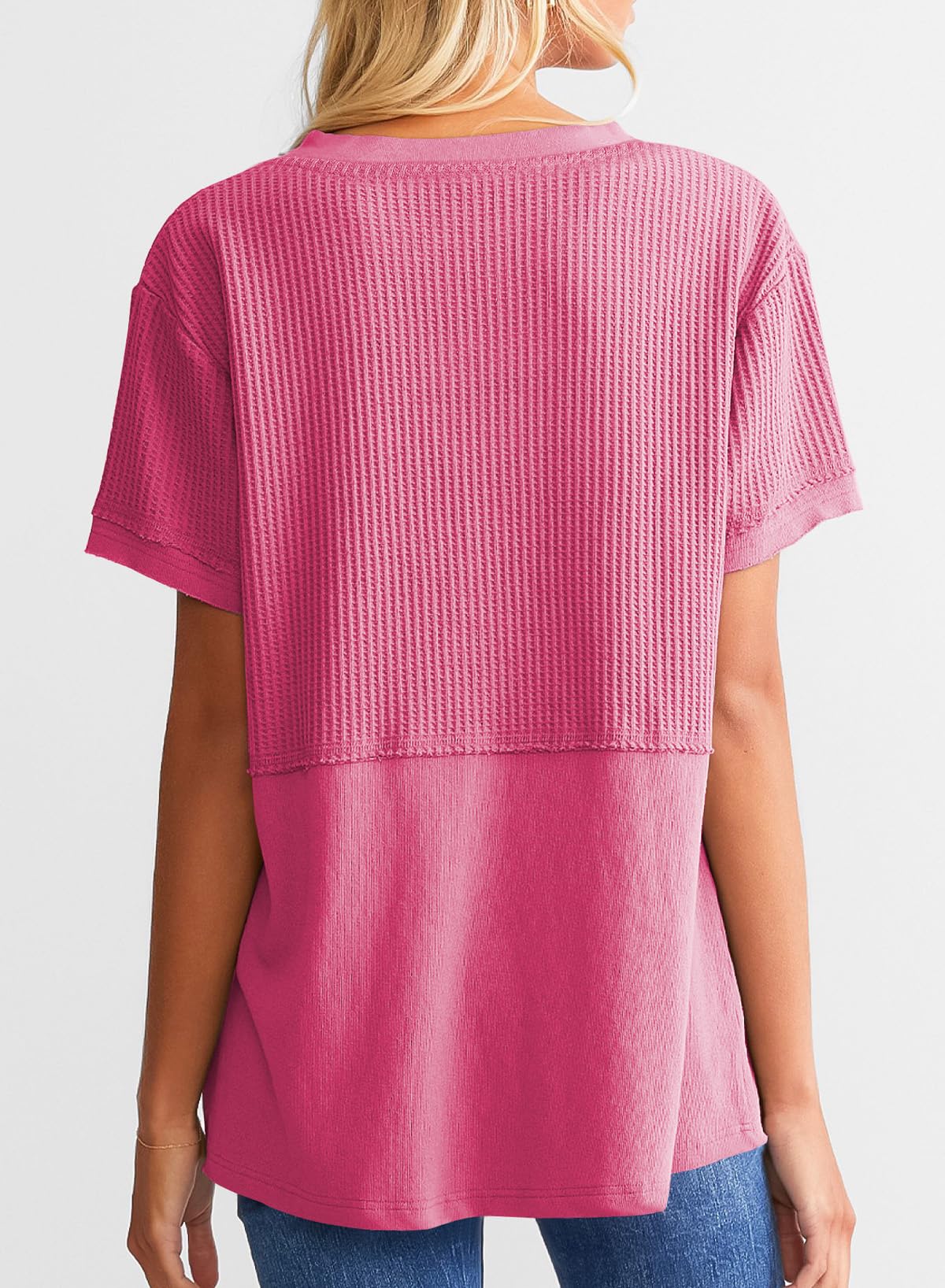 Hot Sale-Women's Casual V Neck Waffle Knit Tops Short Sleeve T Shirts