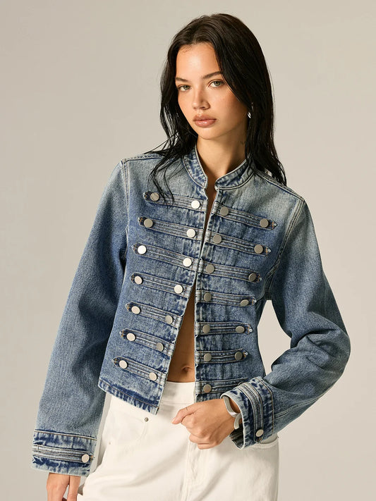 Premium Button Front Color Block Denim Jacket