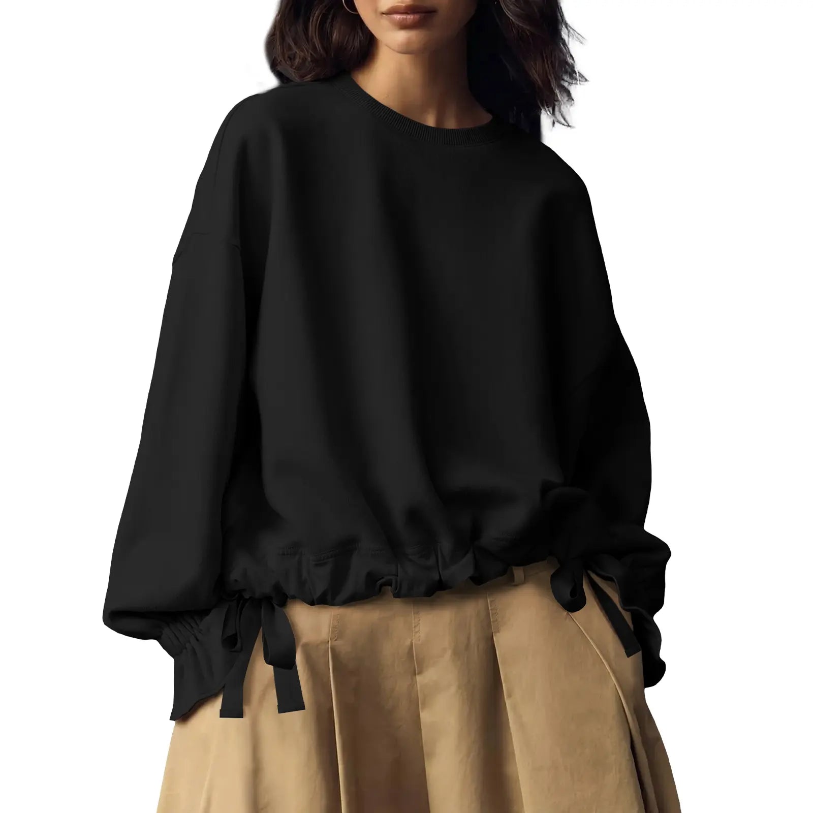 Women Oversized Crew Neck Drawstring Ruffle Hem Long Sleeve Blouse