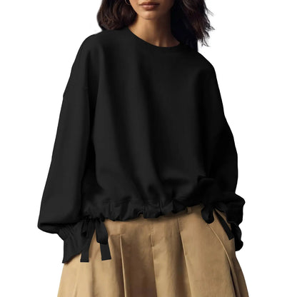 Women Oversized Crew Neck Drawstring Ruffle Hem Long Sleeve Blouse