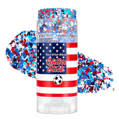 July 4th Independence Day: Star-shaped hair accessory, glitter stick, and sparkly makeup