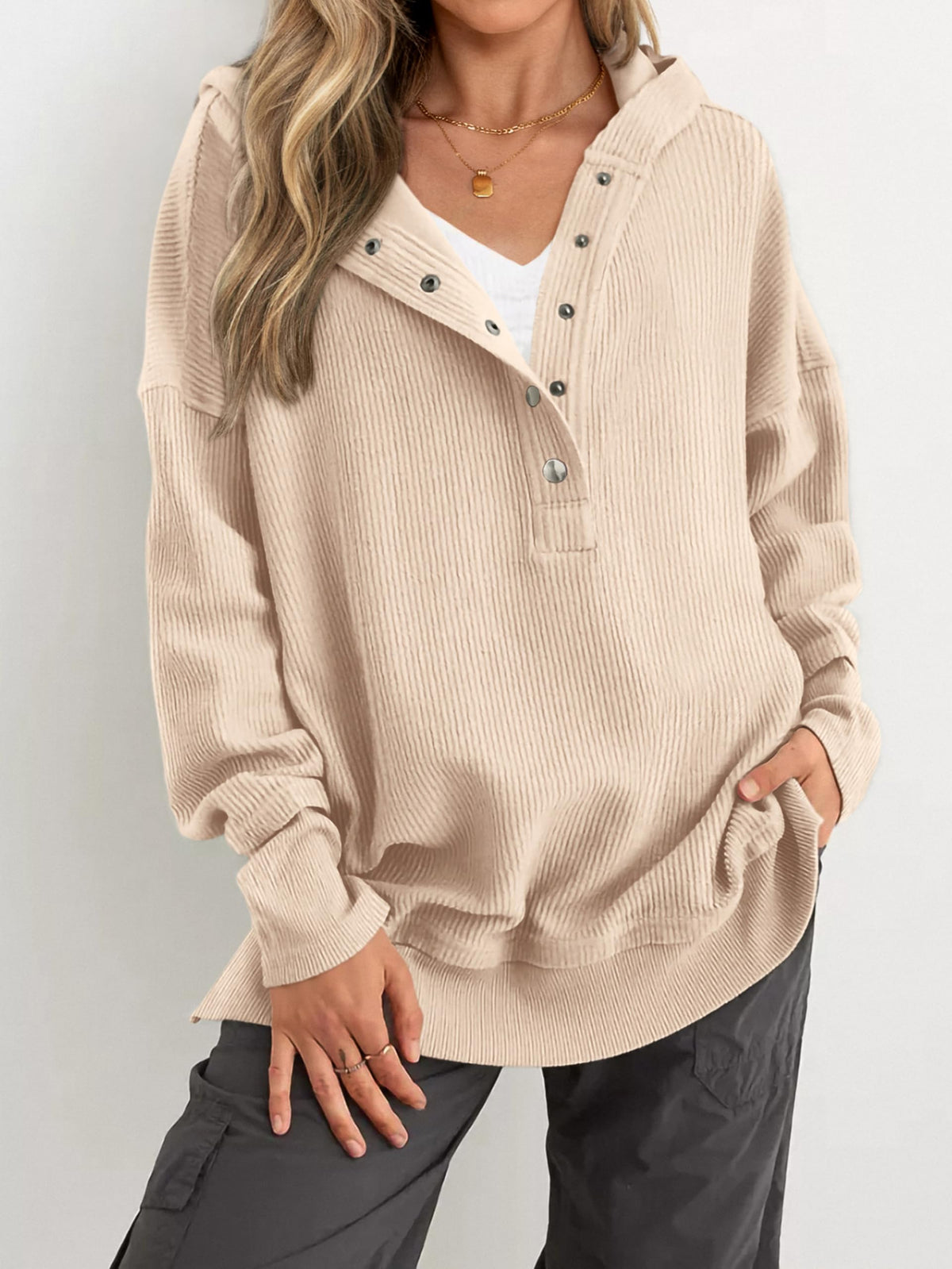Hot Sale-Womens Long Sleeve Hoodie Oversized Button Up Sweatshirt Pullover Tops