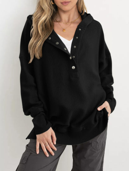 Hot Sale-Womens Long Sleeve Hoodie Oversized Button Up Sweatshirt Pullover Tops