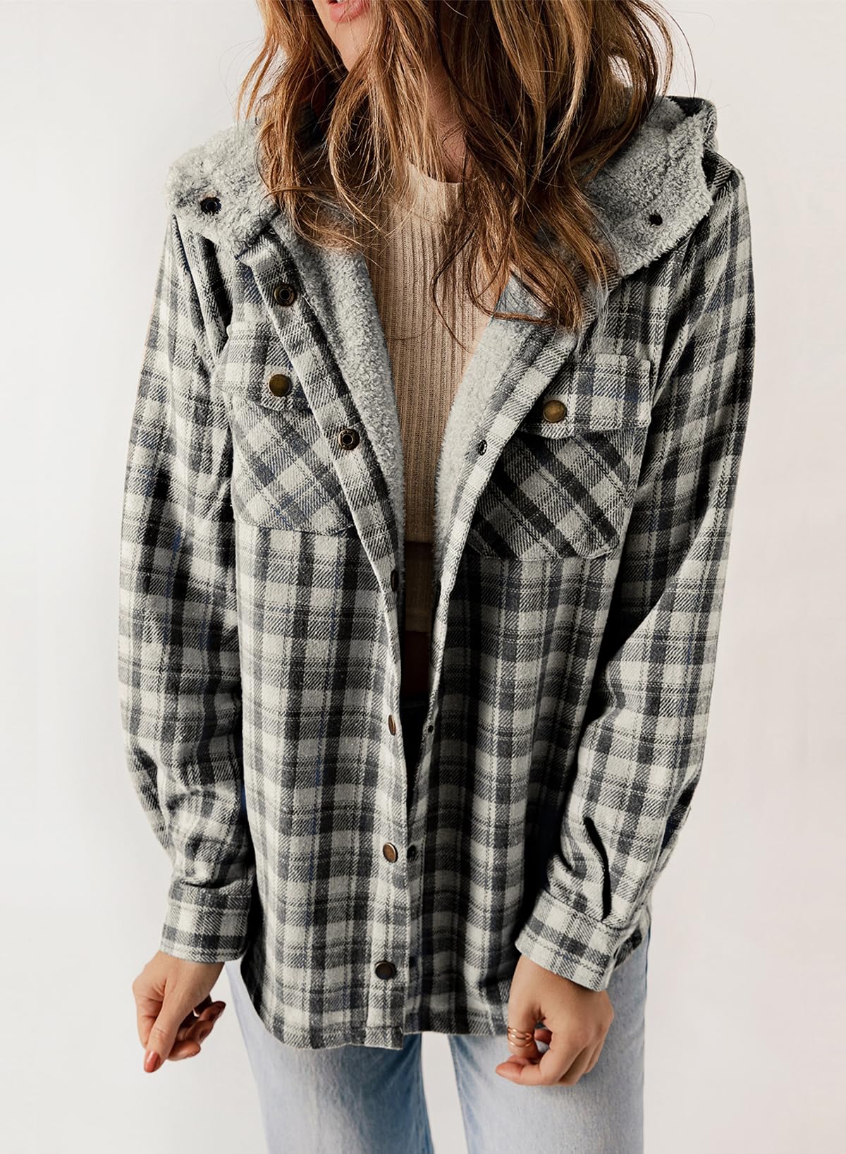 ⏰Hot Sale-Women's Thickened Flannel Long Sleeve Plaid Jacket Coat with Hood