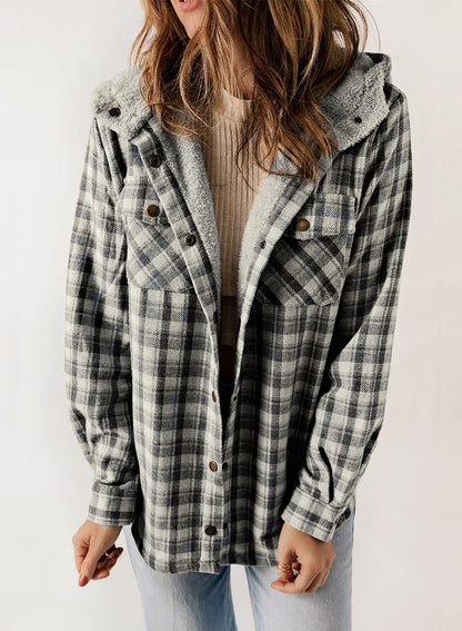 ⏰Hot Sale-Women's Thickened Flannel Long Sleeve Plaid Jacket Coat with Hood