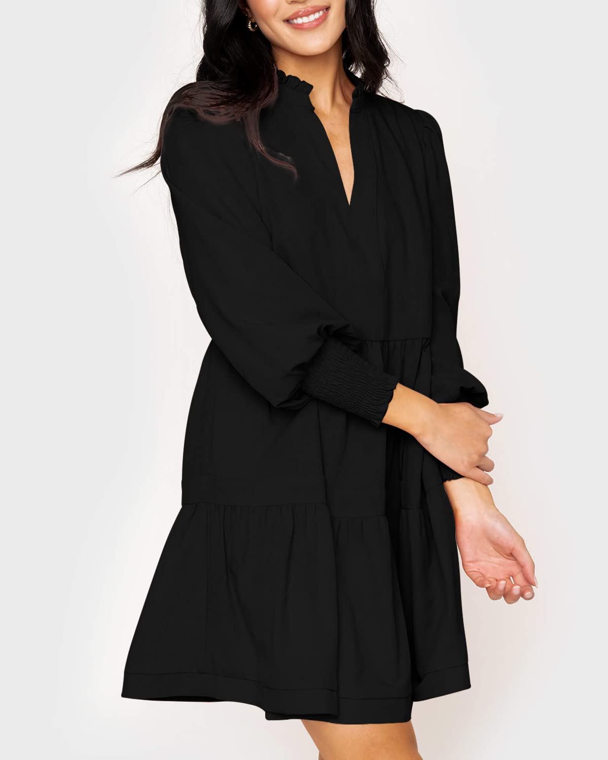 Women's  Casual V Neck Fall Long Sleeve Loose Ruffle Tiered Dress(BUY 2 FREE SHIPPING)