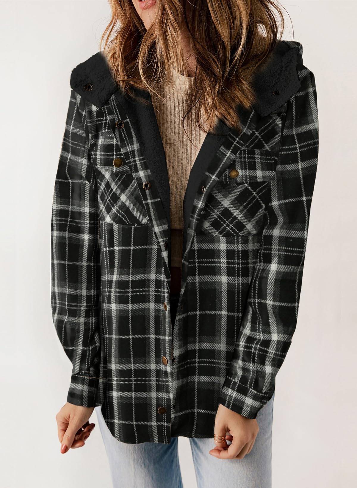 ⏰Hot Sale-Women's Thickened Flannel Long Sleeve Plaid Jacket Coat with Hood