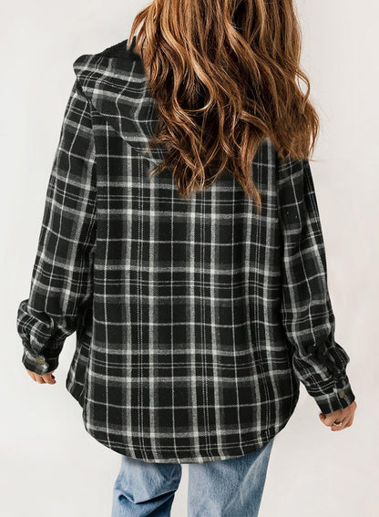 ⏰Hot Sale-Women's Thickened Flannel Long Sleeve Plaid Jacket Coat with Hood