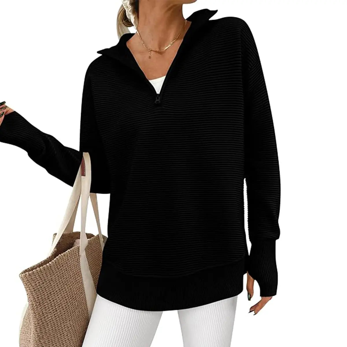 Hot Sale-Women Oversized Half Zip Collar Vertical Rib Long Sleeve Knit Top