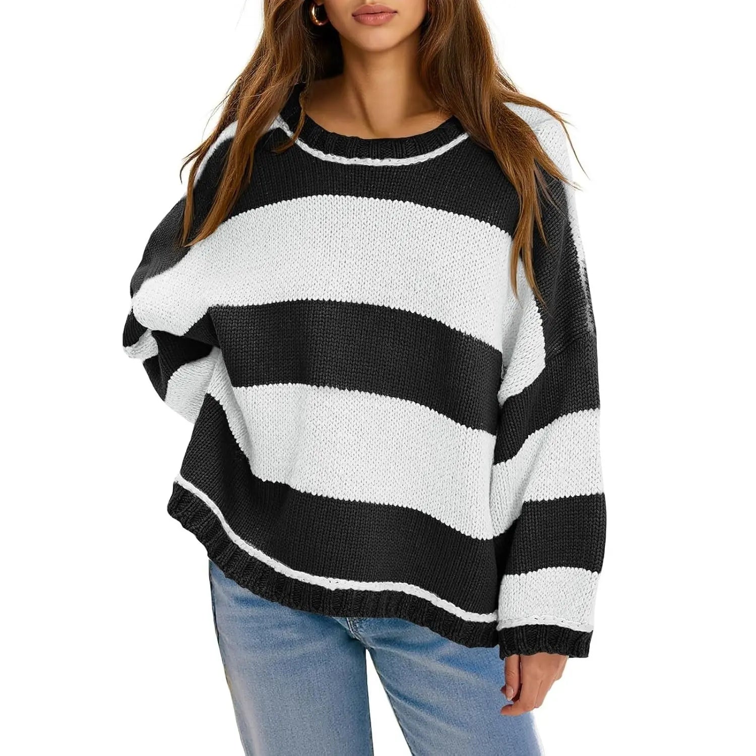 Oversized Round Neck Color Block Stripe Knit Sweater