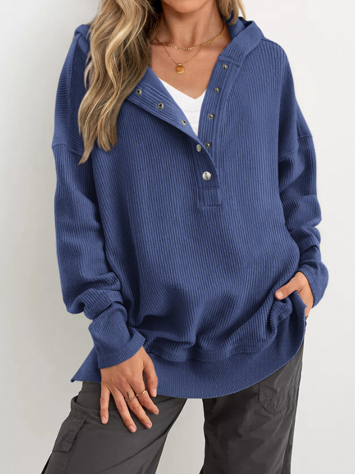 Hot Sale-Womens Long Sleeve Hoodie Oversized Button Up Sweatshirt Pullover Tops