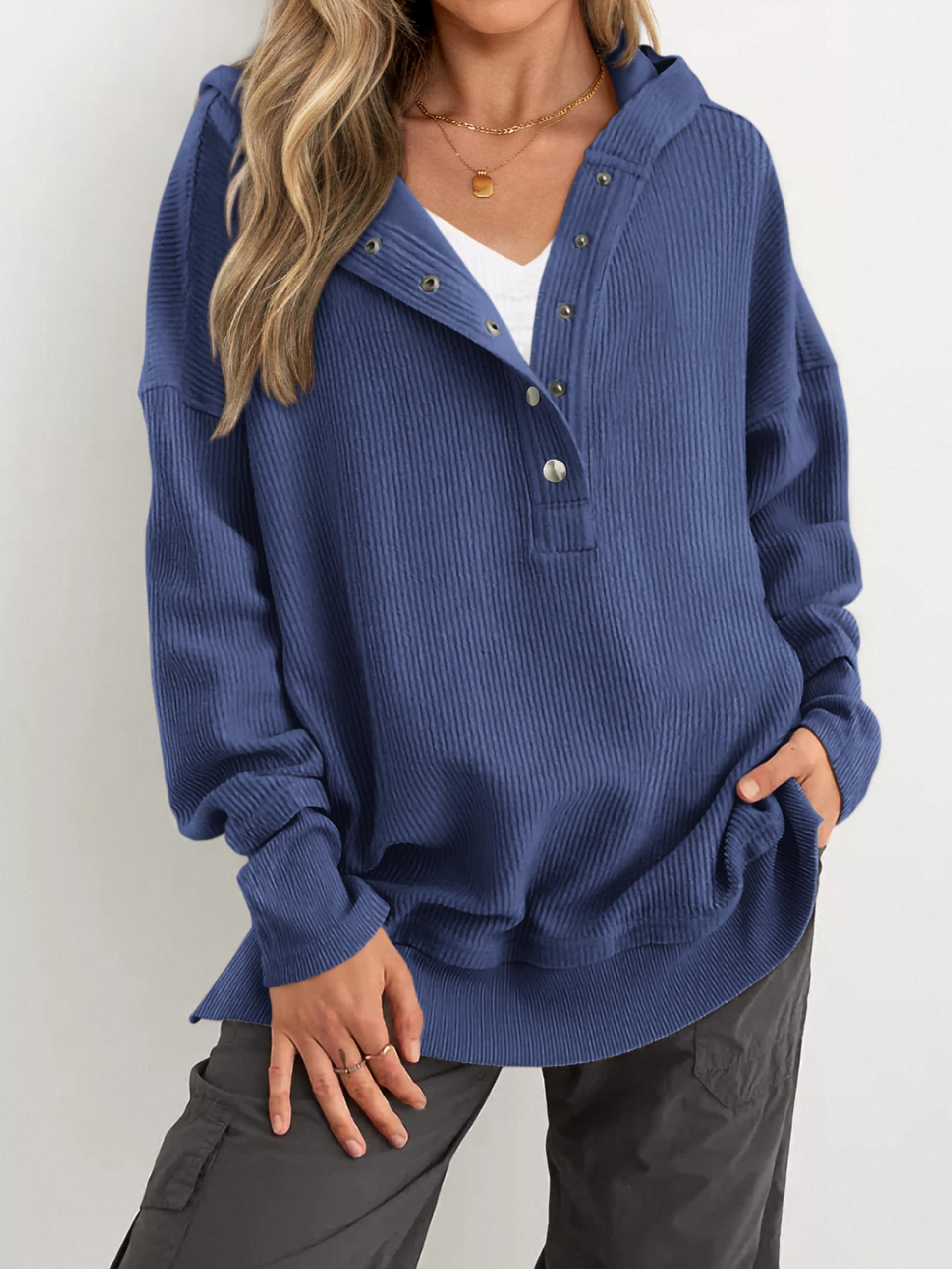 Womens Long Sleeve Hoodie Oversized Button Up Sweatshirt Pullover Tops