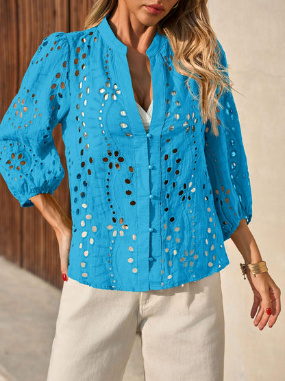 Womens Summer Deep V Neck Eyelet Blouses Casual 3/4 Balloon Sleeve Button Down Shirts