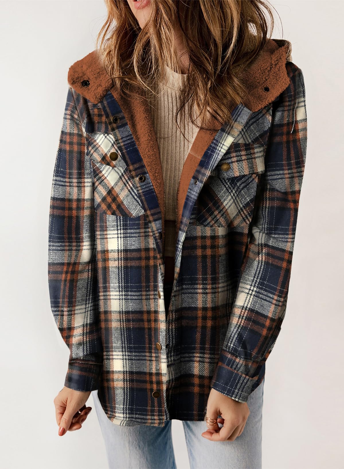 ⏰Hot Sale-Women's Thickened Flannel Long Sleeve Plaid Jacket Coat with Hood