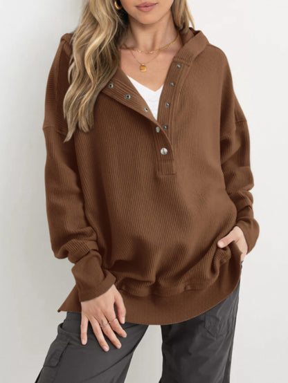 Hot Sale-Womens Long Sleeve Hoodie Oversized Button Up Sweatshirt Pullover Tops