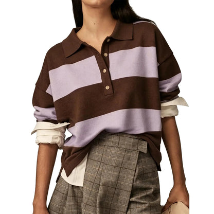 Women Color Block Stripe Lapel Collar Button Long Sleeve Knit Top