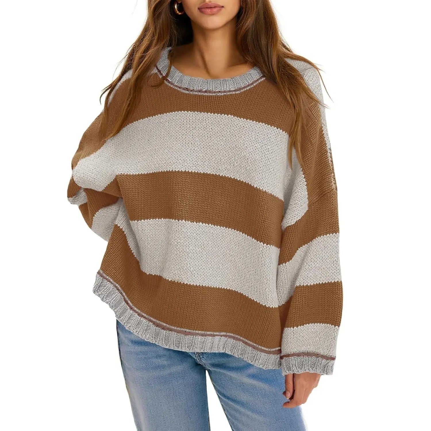 Oversized Round Neck Color Block Stripe Knit Sweater