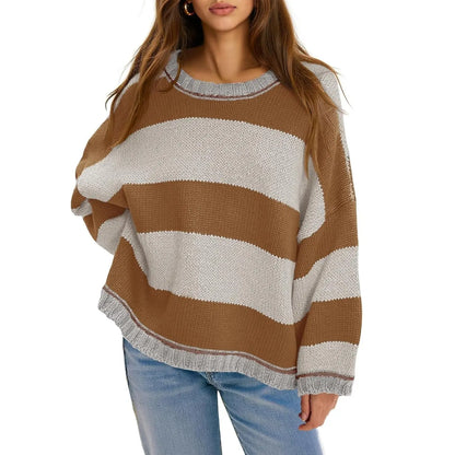 Oversized Round Neck Color Block Stripe Knit Sweater