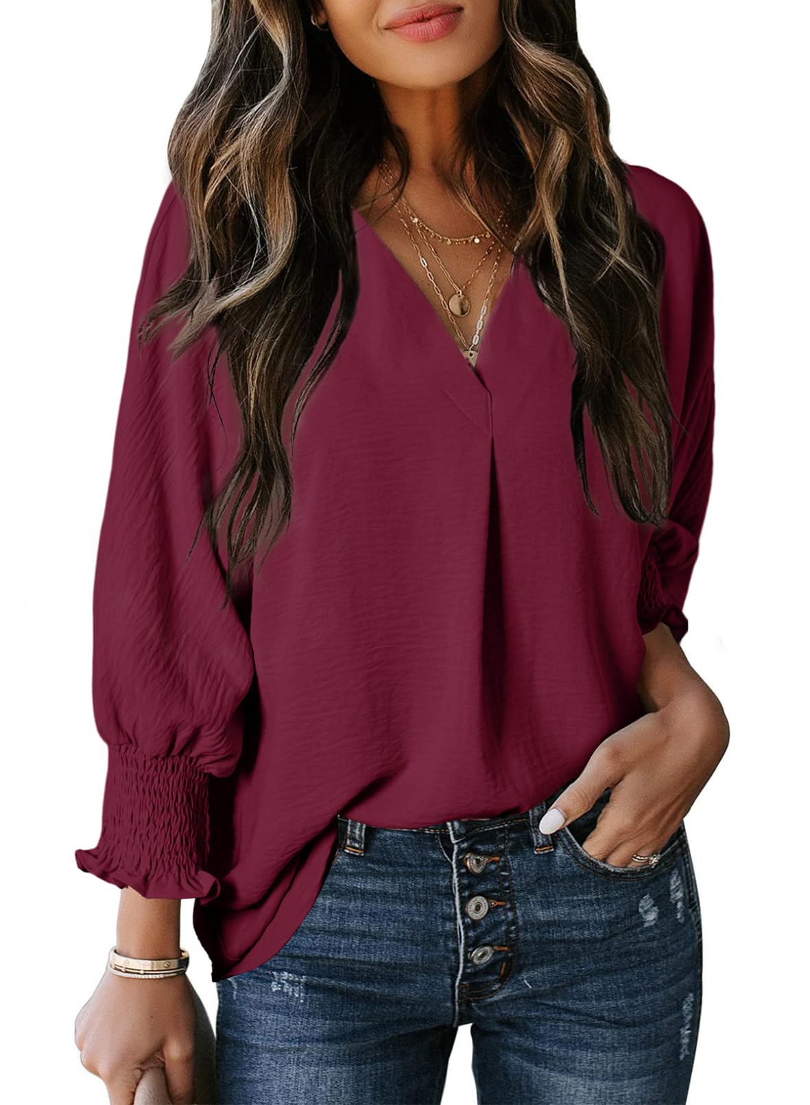 Limited time sale 🔥Womens Casual 3/4 Sleeve V Neck Loose Fit Basic Tees