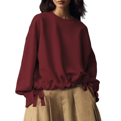 Women Oversized Crew Neck Drawstring Ruffle Hem Long Sleeve Blouse