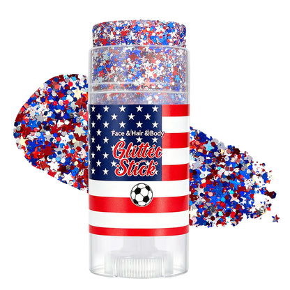 July 4th Independence Day: Star-shaped hair accessory, glitter stick, and sparkly makeup