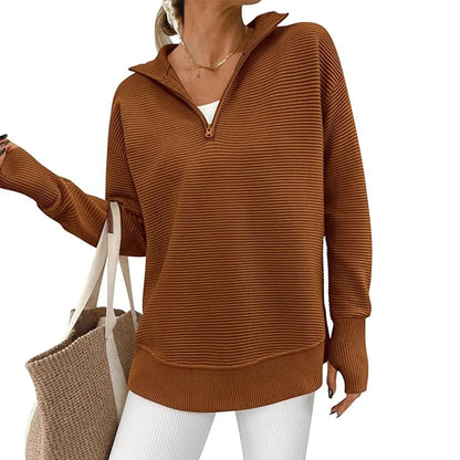 Hot Sale-Women Oversized Half Zip Collar Vertical Rib Long Sleeve Knit Top