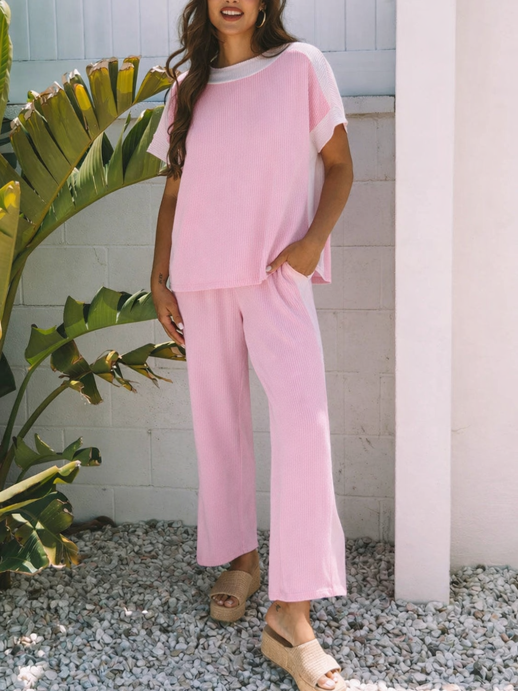 Women's Color-Block Corded 2pcs Outfit