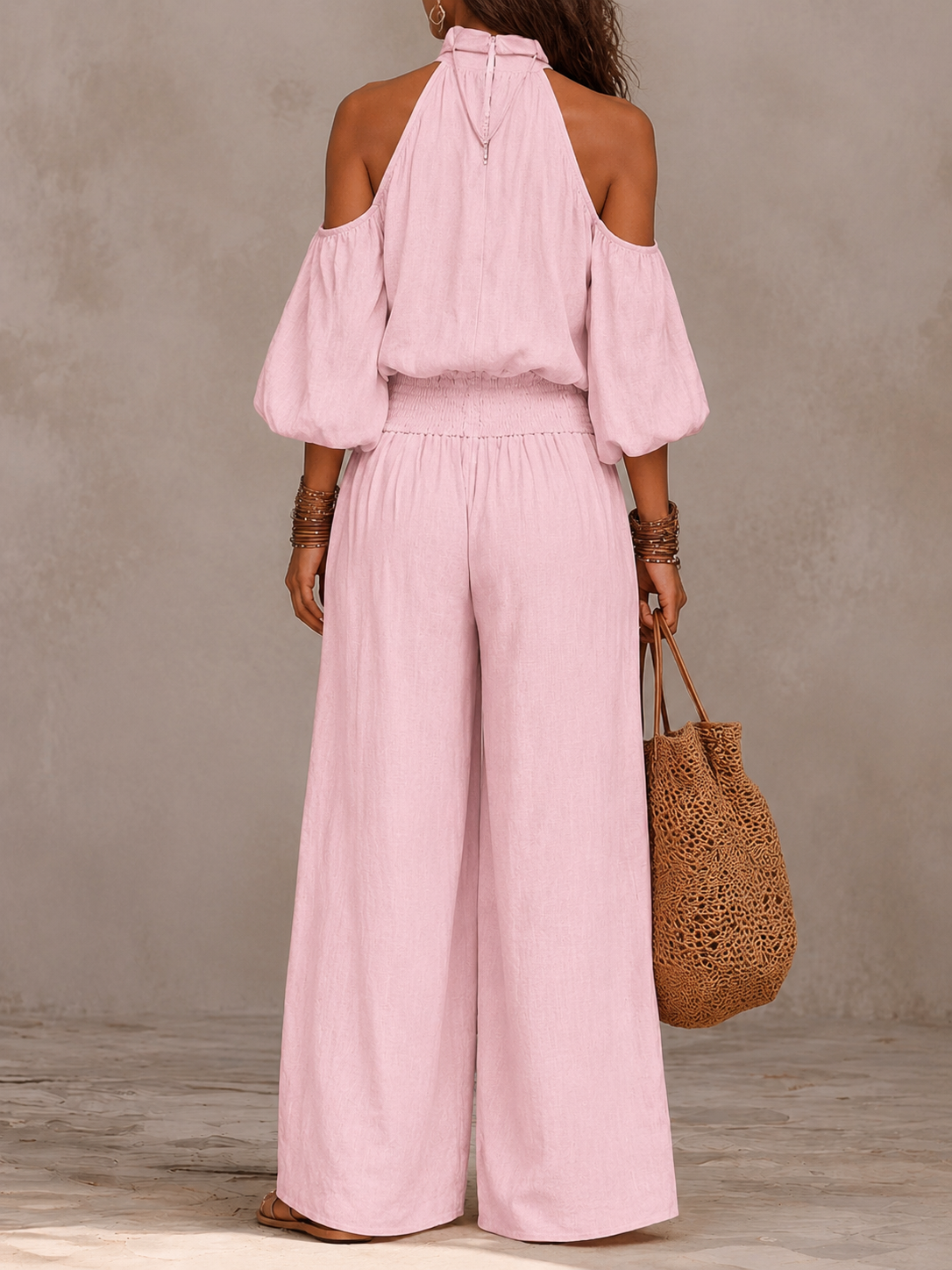 Women's High Neck Puff Sleeve Vacation Matching Outfit