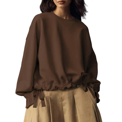 Women Oversized Crew Neck Drawstring Ruffle Hem Long Sleeve Blouse