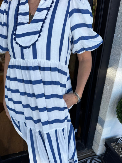 Women's Striped V-neck Dress with Puffy Sleeves（Buy 2 Free Shipping）