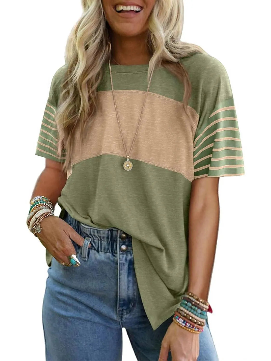 Women's Casual Crewneck Color Block Striped T-shirt