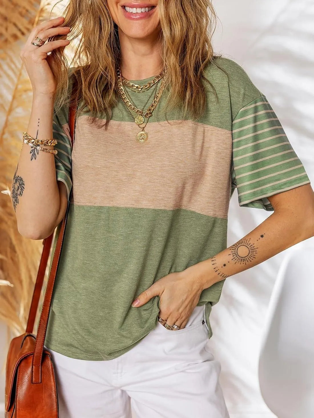 Women's Casual Crewneck Color Block Striped T-shirt