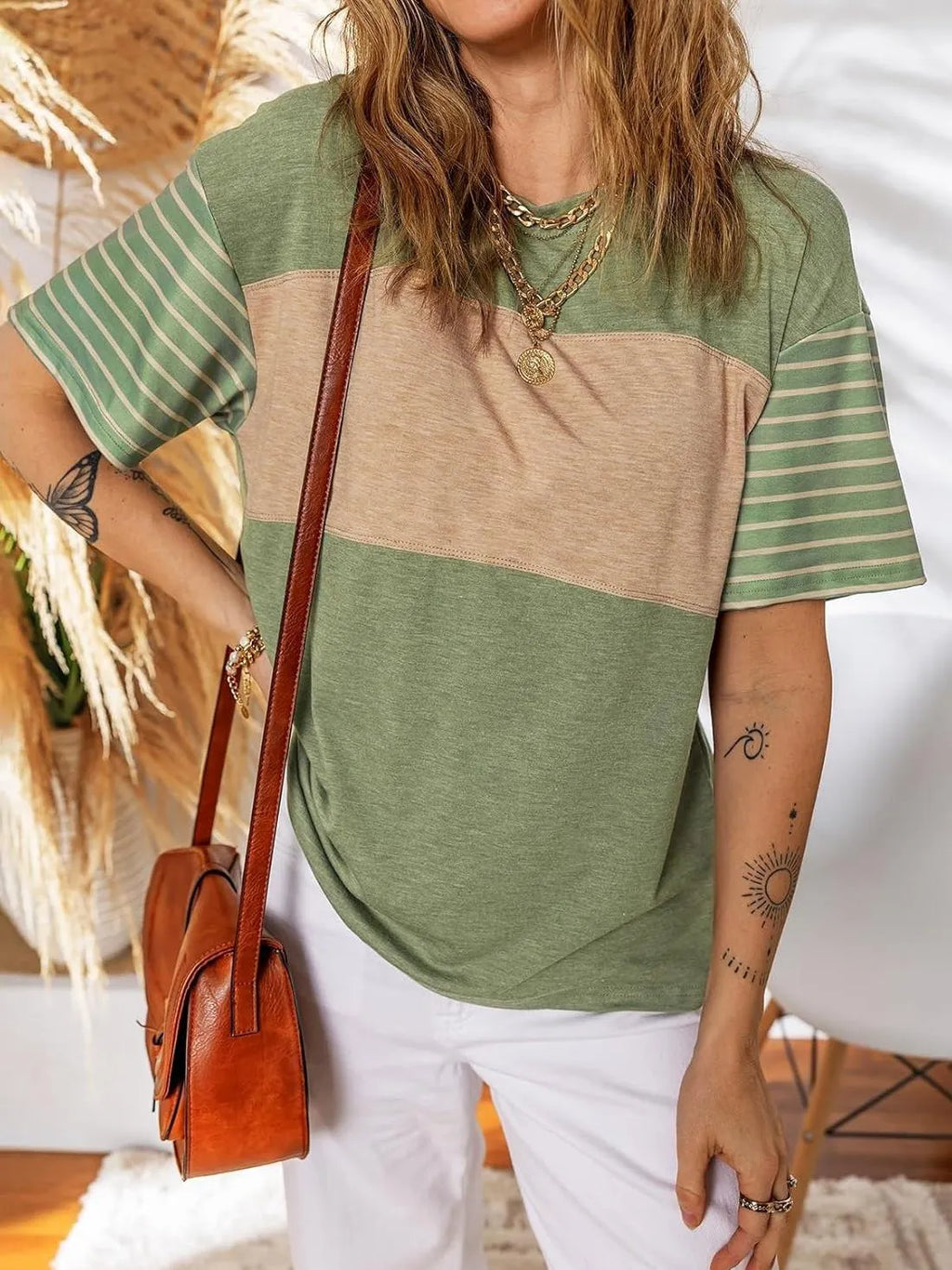 Women's Casual Crewneck Color Block Striped T-shirt