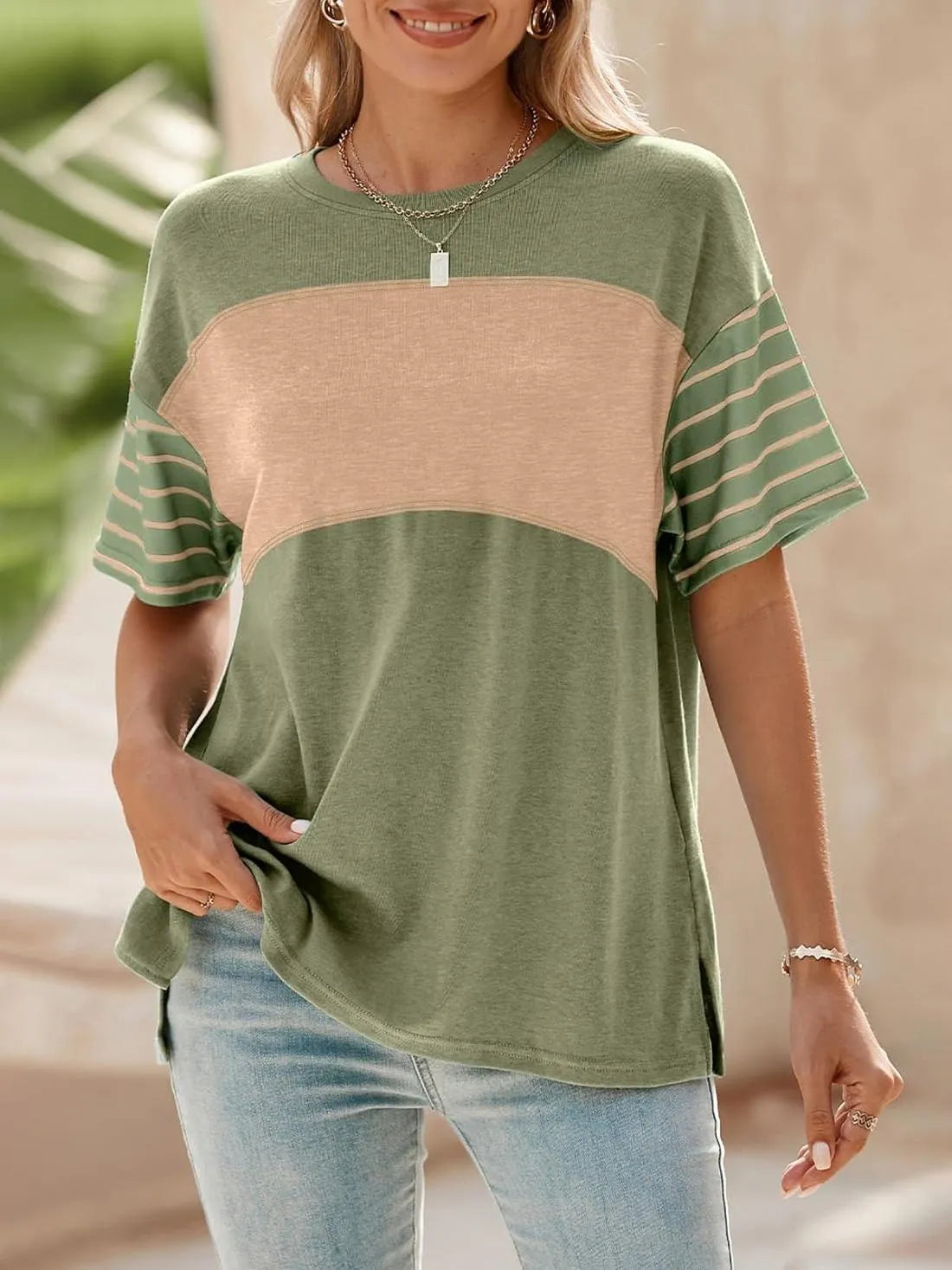 Women's Casual Crewneck Color Block Striped T-shirt