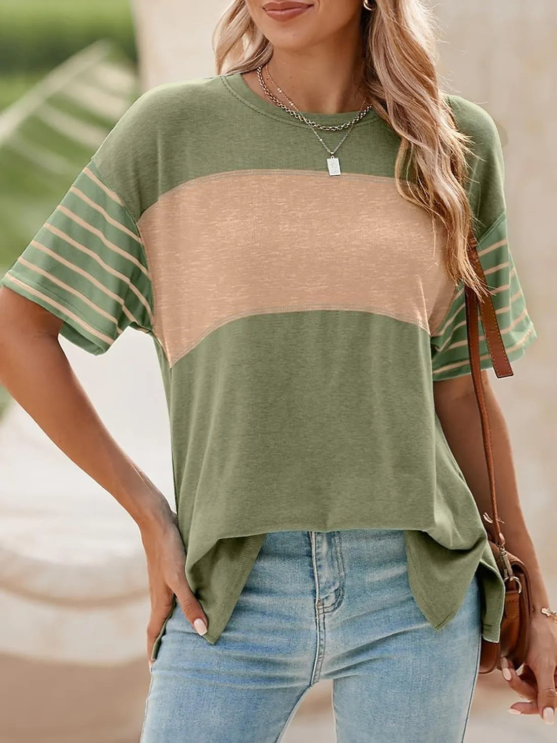 Women's Casual Crewneck Color Block Striped T-shirt