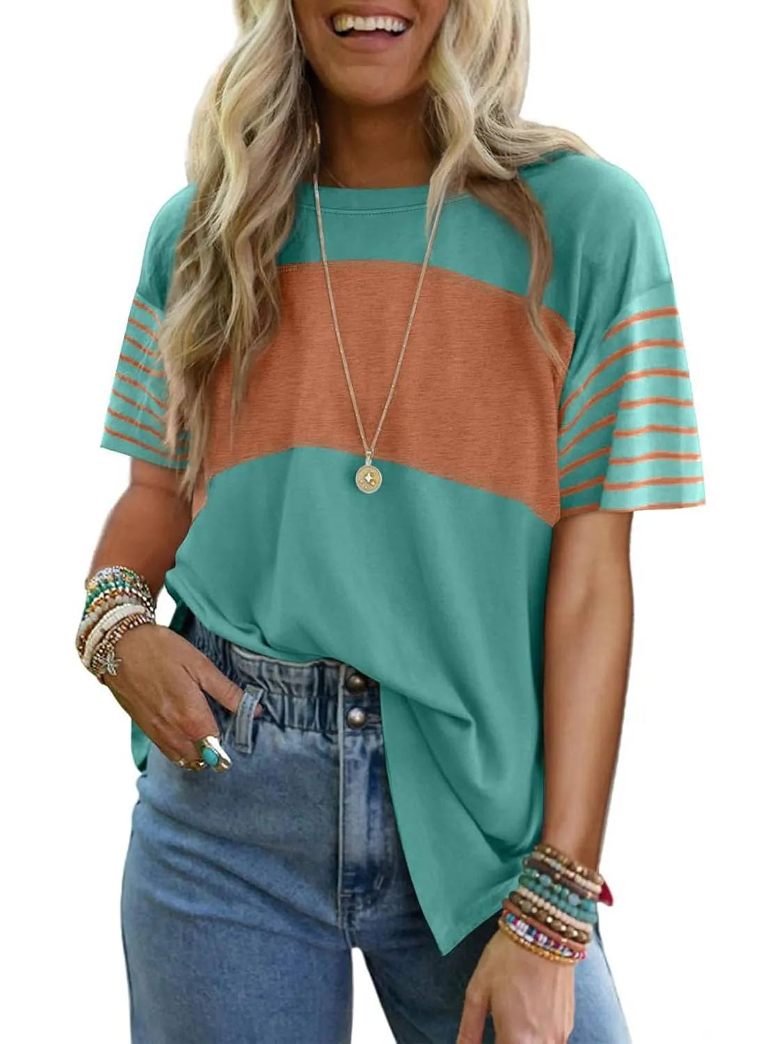 Women's Casual Crewneck Color Block Striped T-shirt