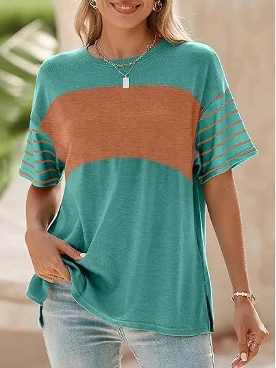 Women's Casual Crewneck Color Block Striped T-shirt
