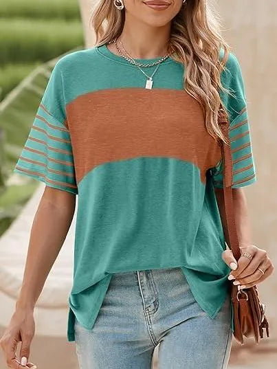 Women's Casual Crewneck Color Block Striped T-shirt