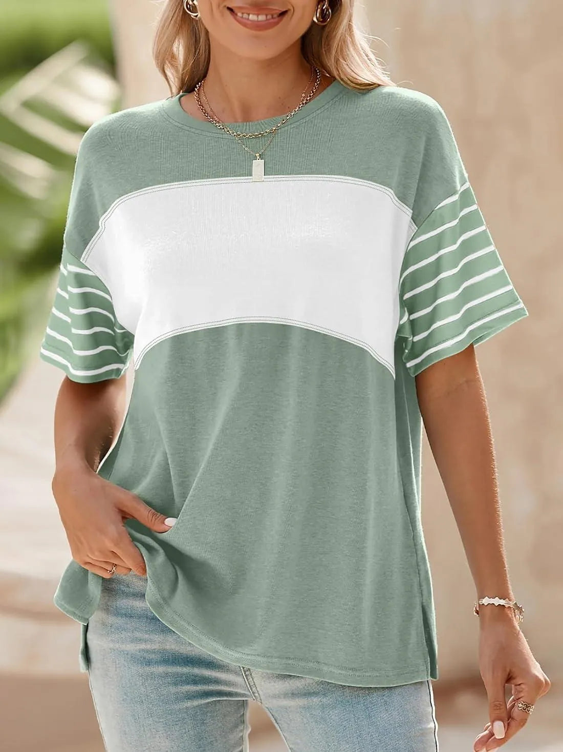 Women's Casual Crewneck Color Block Striped T-shirt