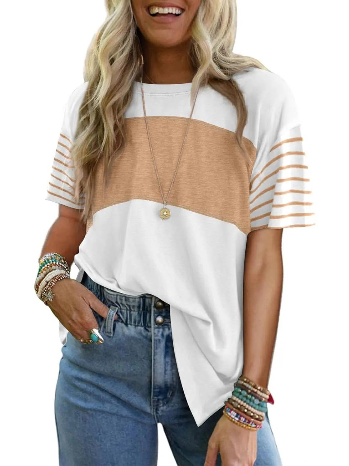 Women's Casual Crewneck Color Block Striped T-shirt
