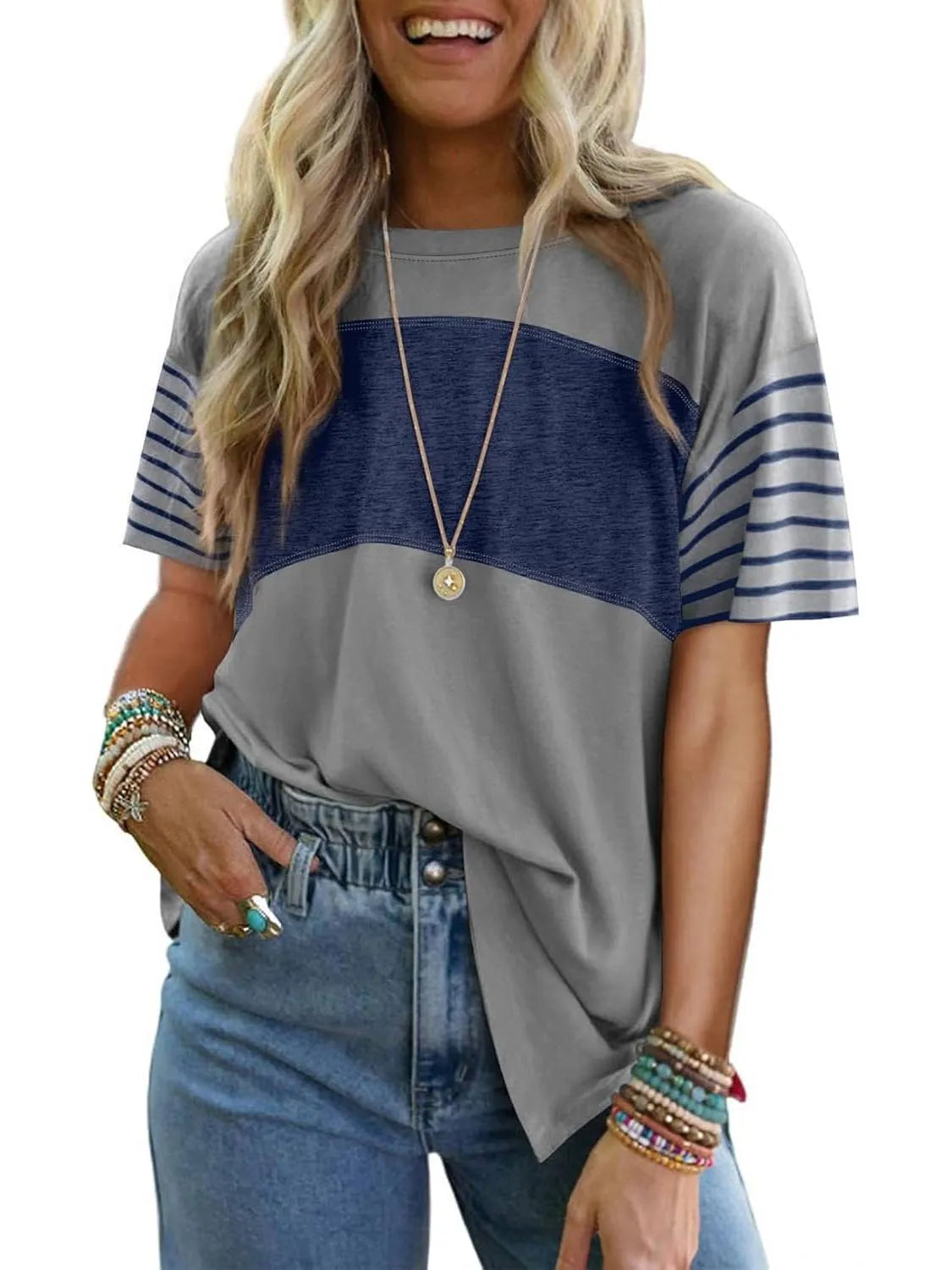 Women's Casual Crewneck Color Block Striped T-shirt