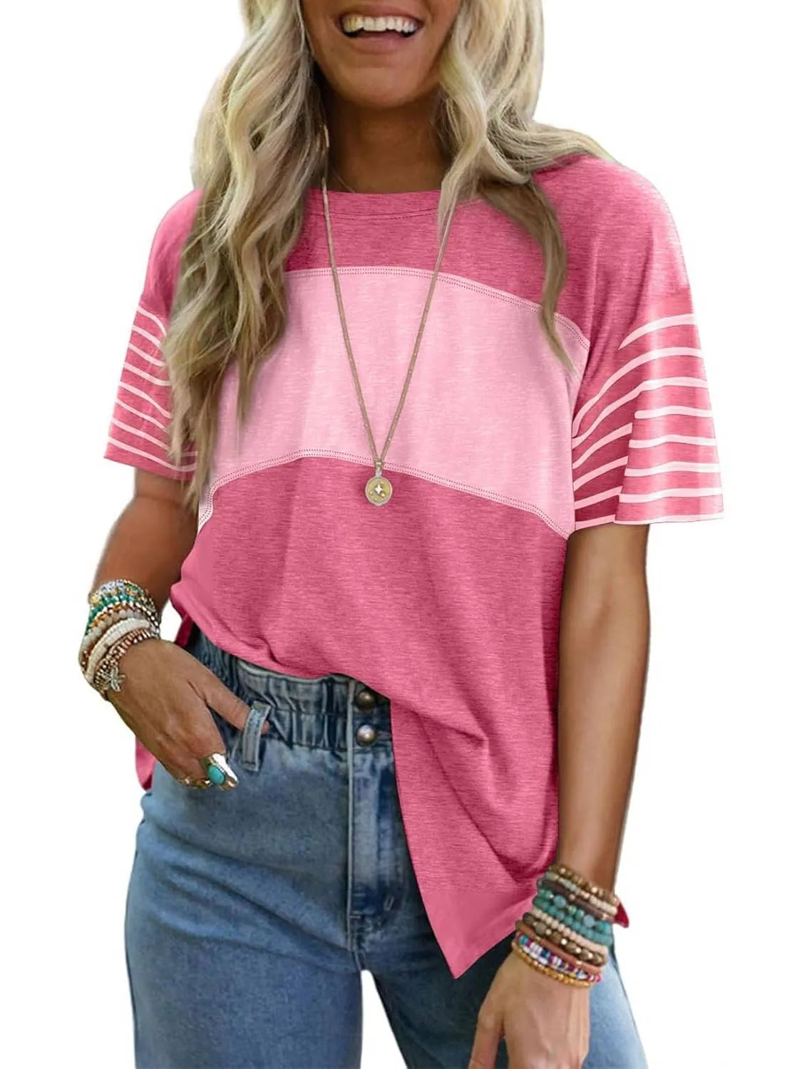 Women's Casual Crewneck Color Block Striped T-shirt