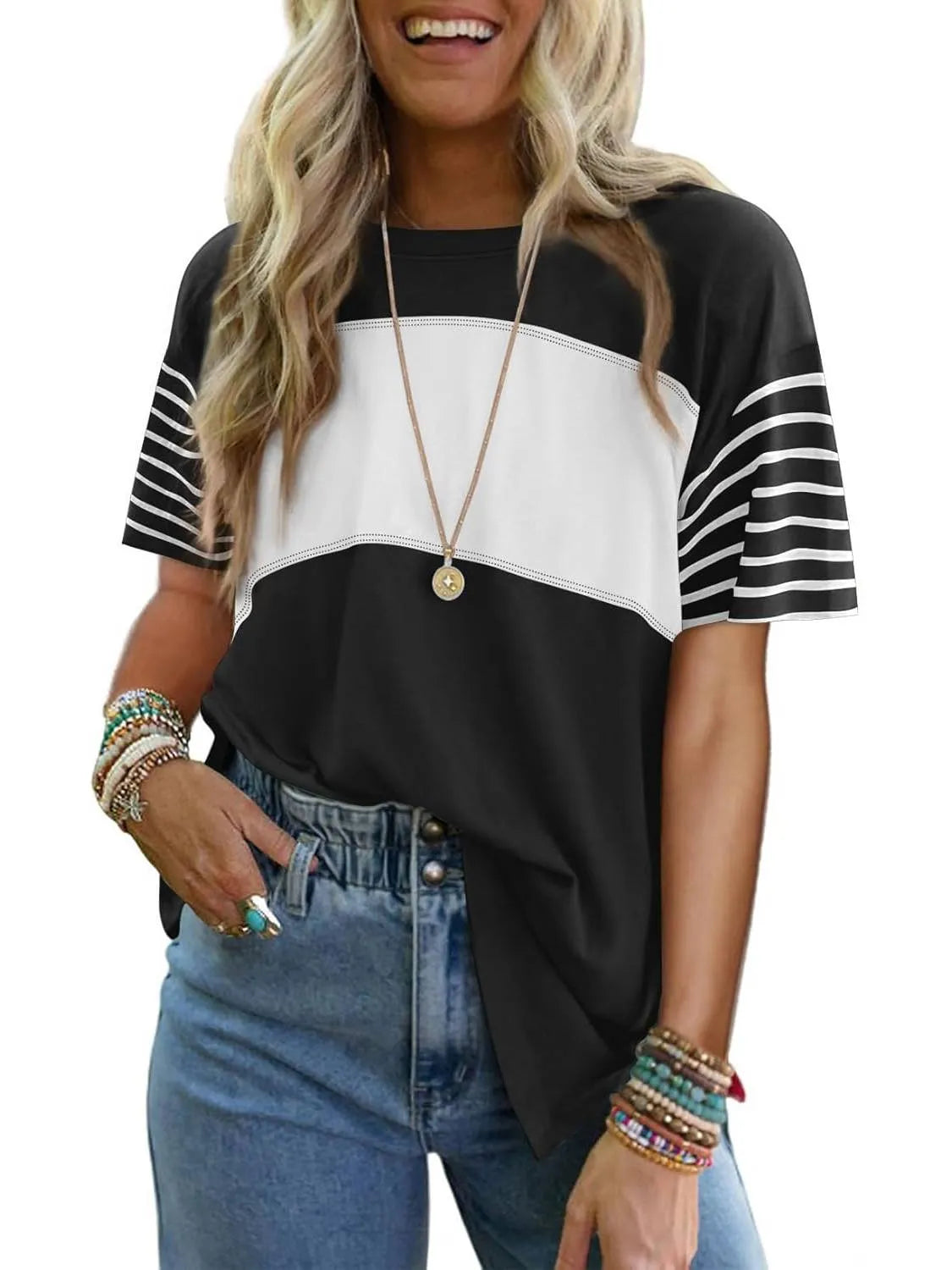 Women's Casual Crewneck Color Block Striped T-shirt