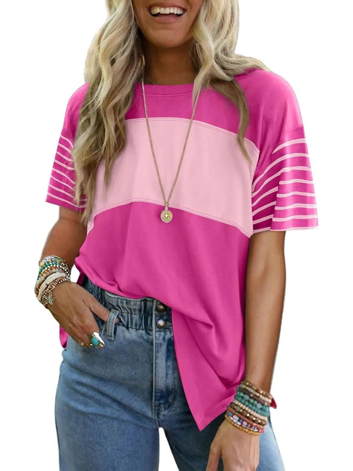 Women's Casual Crewneck Color Block Striped T-shirt