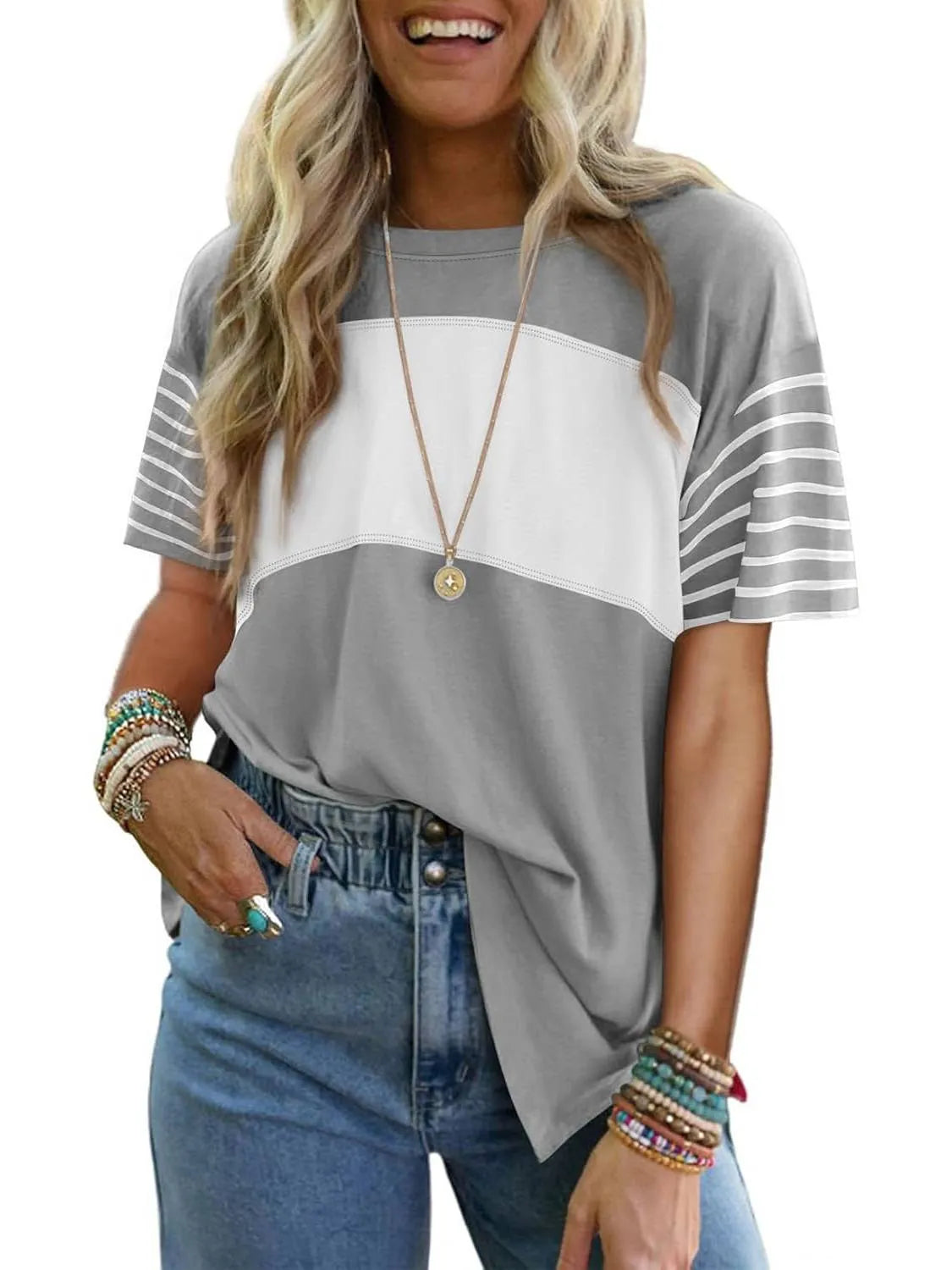 Women's Casual Crewneck Color Block Striped T-shirt