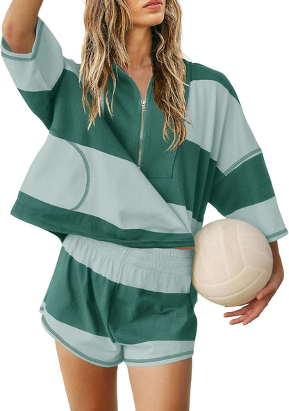 Womens Summer Oversized Quarter Zip Striped Shirt and Shorts Lounge Sets (Buy 2 Free Shipping)