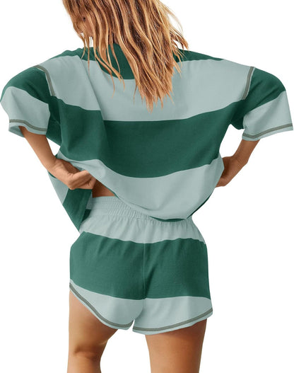 Womens Summer Oversized Quarter Zip Striped Shirt and Shorts Lounge Sets (Buy 2 Free Shipping)