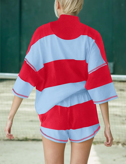 Womens Summer Oversized Quarter Zip Striped Shirt and Shorts Lounge Sets (Buy 2 Free Shipping)