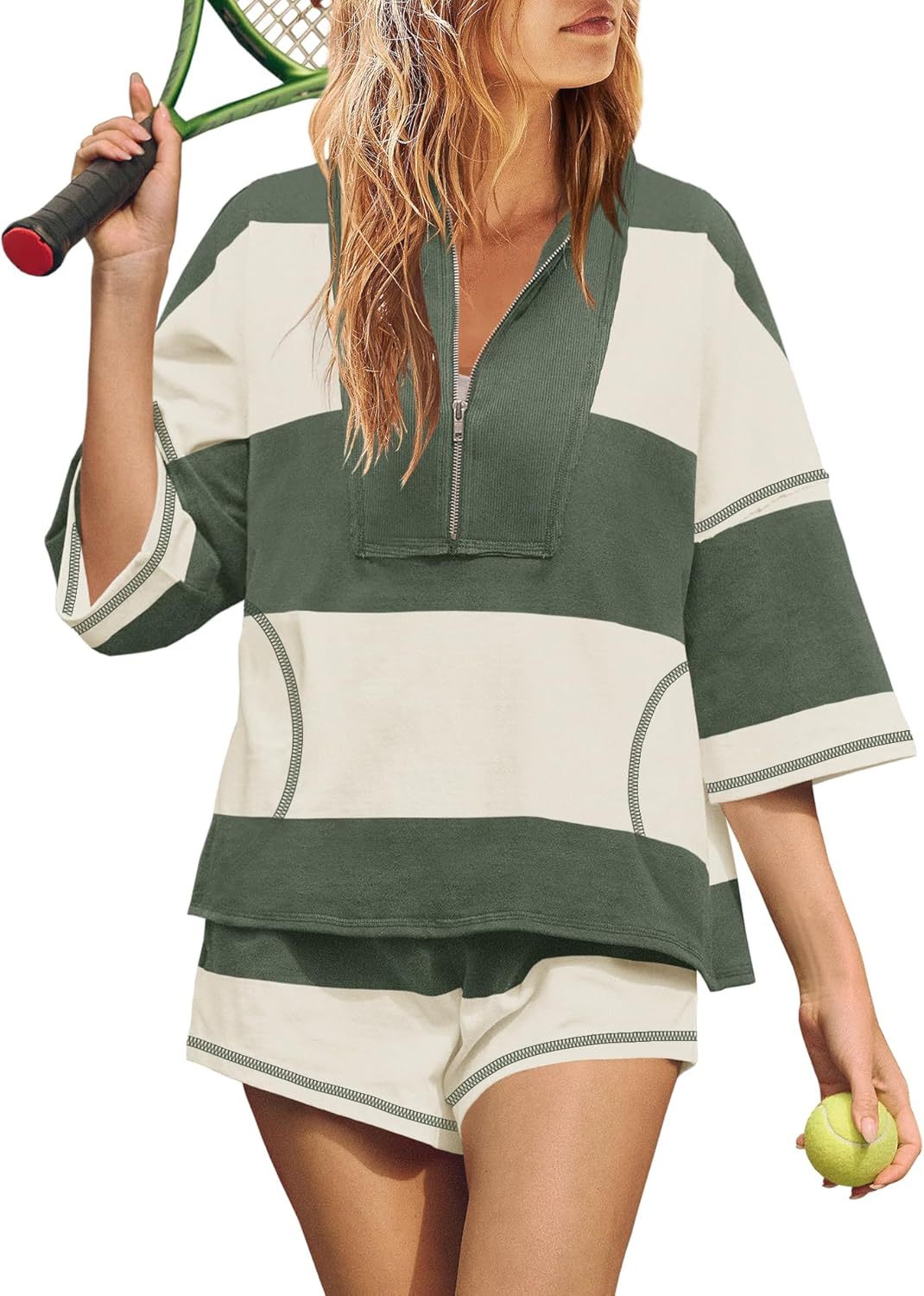 Womens Summer Oversized Quarter Zip Striped Shirt and Shorts Lounge Sets (Buy 2 Free Shipping)